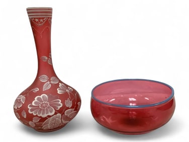 Vintage Cranberry Glass Bowl 3 1/4 in. (8.3 cm.), Vase 10 1/2 in. (26.7 cm.)