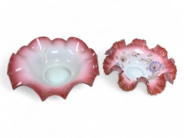 Victorian Bridal Baskets, Silver Crest, White and Cranberry Ruffled Edges (1) Hand Painted, , 10" an