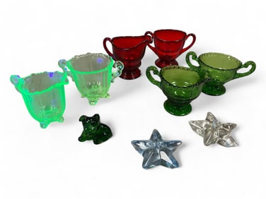 Cambridge Glass Miniature Bulldog Pencil Holder and (3) Set of Creamers