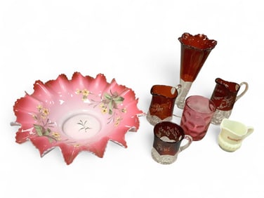 Ruffled Flower Bowl and Red Glass Souvenirs