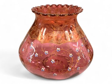 Hand Blown Glass Container with Enamel Flowers Measures 8" tall.