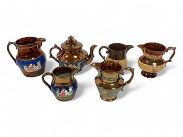 Early Copper Lustre Pitchers and Teapot Height range 3.5" to 5"