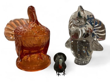 Turkeys - Two Glass and One Small Wooden (3) Approximately 2.5" - 5.5"