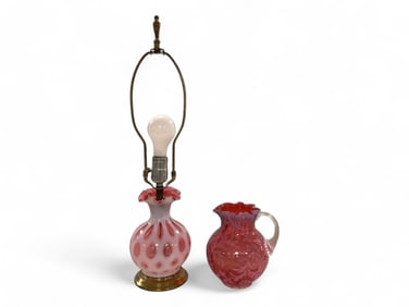 Vintage Fenton Cranberry Glass Lamp to top of harp: 21.5" H. Pitcher: 6.5"H