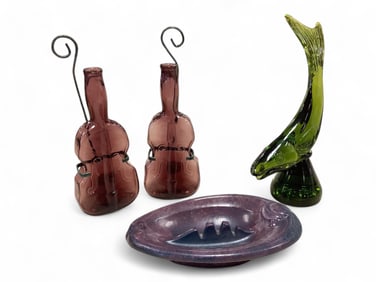 Viking Glass Trout Paperweight, Clevenger Bros. Violin Bottles and Haeger Pottery Ashtray