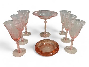 Pink Floral Etched Compote, Stemware and Ashtray Stemware 7.25" tall