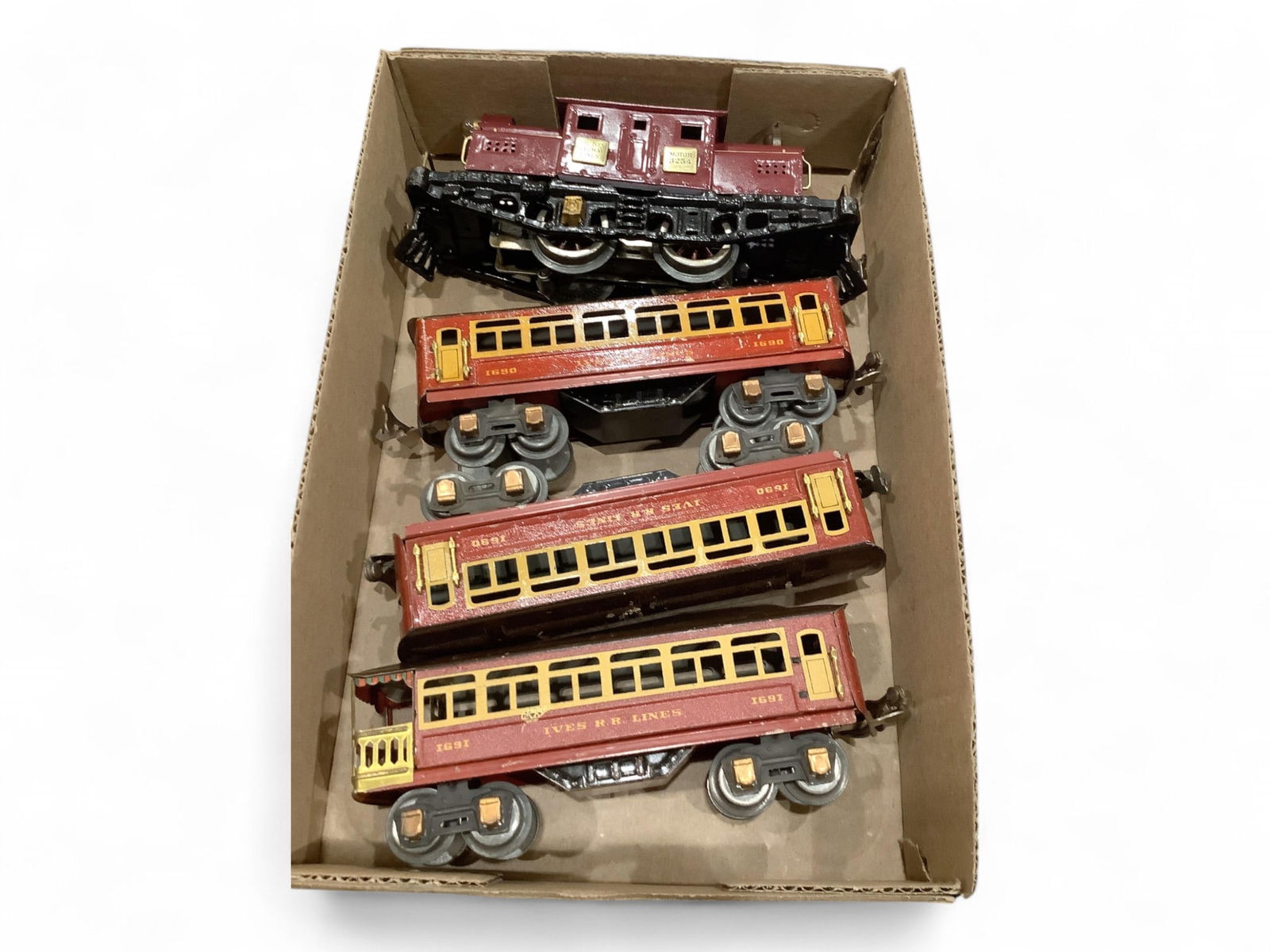 Ives Pre-War O Gauge #3254, 0-4-0 Electric, Restored Maroon over Black and Two #1690 Coaches, #1691 (1 of 1)