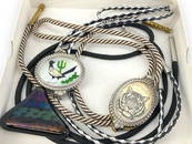 Three Silver-Tone Bolo Ties, One w/Mother-of-Pearl, One w/Dichroic Glass Slide, Other is Tiger