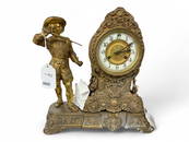 Antique Figural Bronze Waterbury Mantle Clock ** 13 x 12 x 5 in. (33 x 30.5 x 12.7 cm.)