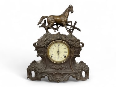 Figural Cast Iron Mantle Clock w/ Horse** 18 x 14 x 6 in. (45.7 x 35.6 x 15.2 cm.)