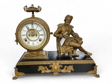 Metal and Marble Ansonia Mantle Clock w/ Bronze Statue of Man** 14 x 17 x 7 in. (35.6 x 43.2 x 17.8