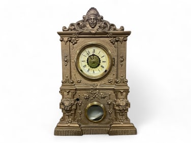 Antique Bronze Facade Mantle Clock w/ Wood Back ** 15 x 10 x 3 1/2 in. (38.1 x 25.4 x 8.9 cm.)