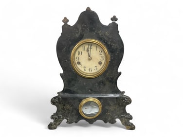 Cast Iron Facade w/ Wood Back Mantle Clock ** 15 x 11 x 3 in. (38.1 x 27.9 x 7.6 cm.)