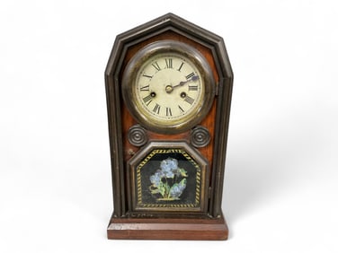 Welch Spring & Co Mantle Clock w/ Blue Flowers** 16 x 9 x 4 1/2 in. (40.6 x 22.9 x 11.4 cm.)