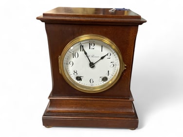 Vintage Seth Thomas Shelf Clock with Porcelain Dial** 8 1/2 x 7 1/2 x 5 in. (21.6 x 19.1 x 12.7 cm.)