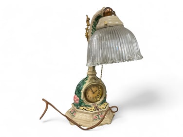 Cast Iron Lamp/Clock w/ Butterfly & Glass Shade** 12 x 6 x 6 in. (30.5 x 15.2 x 15.2 cm.)