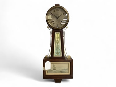 New Haven Banjo Clock w/ Ship Scene ** 26 x 9 1/2 x 4 in. (66 x 24.1 x 10.2 cm.)