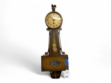 Vintage 8-day Banjo Clock w/ Eagle Finial & Painted Flowers ** 24 x 8 1/2 x 4 in. (61 x 21.6 x 10.2