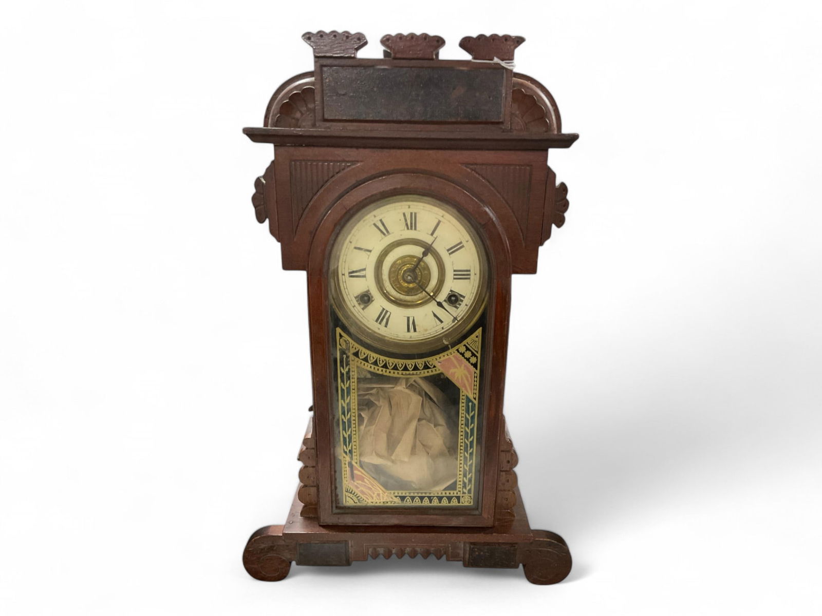 New Haven Mahogany Gingerbread Mantle Clock ** 19 1/2 x 12 1/2 x 4 in. (49.5 x 31.8 x 10.2 cm.) (1 of 2)