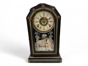 Ansonia Mantle Clock w/ Bearded Figures on Glass** 16 x 10 x 4 1/2 in. (40.6 x 25.4 x 11.4 cm.)