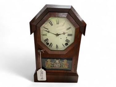 Seth Thomas Mantle Clock w/ Cherubs on Glass** 14 1/2 x 9 x 3 1/2 in. (36.8 x 22.9 x 8.9 cm.)