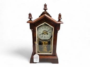Antique Mantle Clock w/ Bird on Glass, including Mercury Pendulum ** 18 x 9 x 4 in. (45.7 x 22.9 x