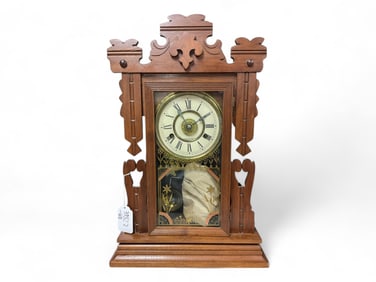 New Haven Clock Co Walnut Victorian Mantle Clock ** 21 x 14 x 5 in. (53.3 x 35.6 x 12.7 cm.)