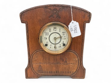 Oak Press-Carved Gilbert Clock Co Mantle Clock ** 13 1/2 x 11 x 4 in. (34.3 x 27.9 x 10.2 cm.)