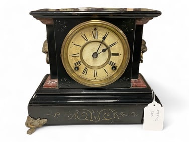 Cast Iron Black Ansonia Mantle Clock**, 6.25" H x 11.75" W