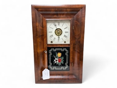 Ansonia Mahogany OGee Shelf Clock w/ Reverse Painted Tablet** 18.5" T x 12" W