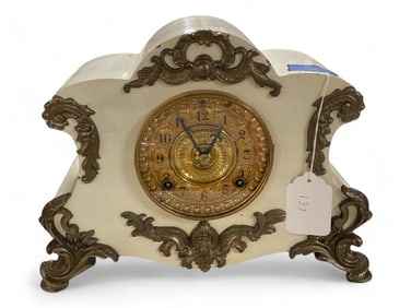 Ansonia Cast Iron Mantle Clock w/ Applied Decorations** 10" T x 13.5" W