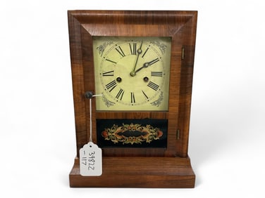 Mahogany w/ Reverse Painted Tablet E.N. Welch Mantle Clock ** 13 1/2 x 10 x 4 in. (34.3 x 25.4 x