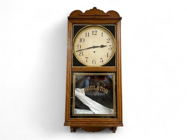 Oak Antique Waterbury Regulator Clock ** 33 x 15 1/2 x 5 in. (83.8 x 39.4 x 12.7 cm.)