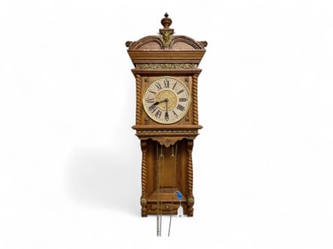 Ornate European Oak Wall Clock w/ Horned Devil Head ** 42 x 17 x 8 in. (106.7 x 43.2 x 20.3 cm.)