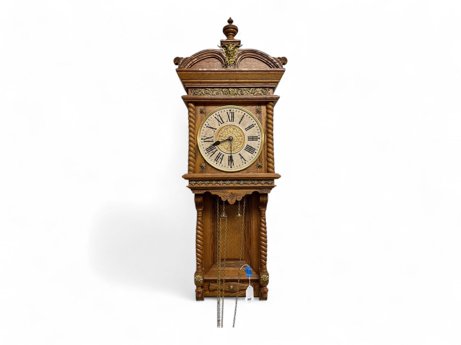 Ornate European Oak Wall Clock w/ Horned Devil Head ** 42 x 17 x 8 in. (106.7 x 43.2 x 20.3 cm.) (1 of 4)