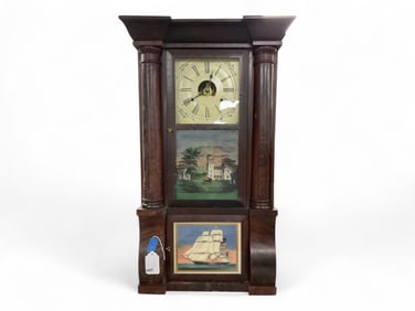 Birge, Peck & Co. Triple Decker Mahogany Mantle Clock w/ Reverse Painted Tablet** 32.5" H x 17" W