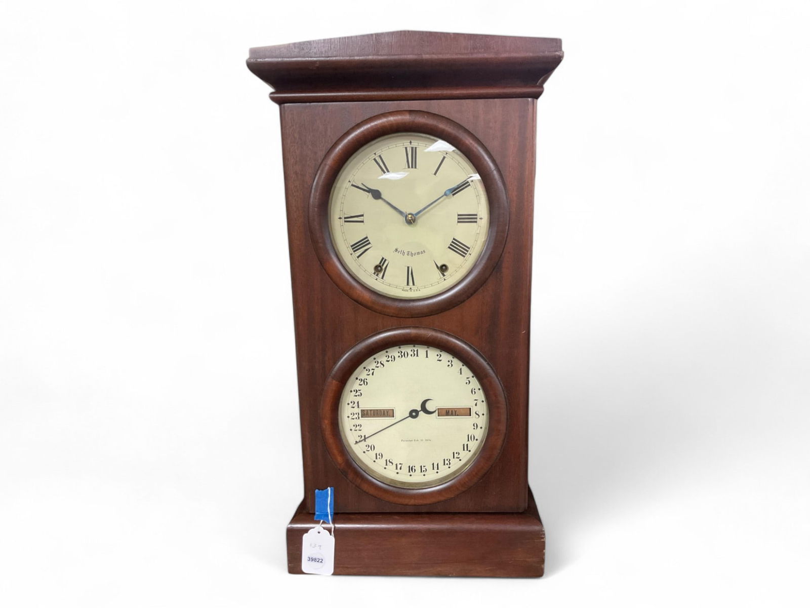 Seth Thomas Mahogany Double Dial Calendar Clock** 27" H x 14" W (1 of 3)