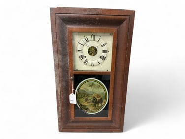 Seth Thomas Eight Day OGee Mantle Clock w/ Elephant and Horseman Reverse Painted Tablet** 30" H x