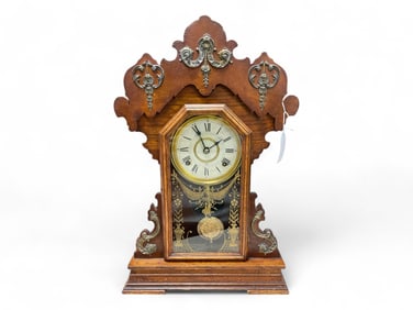 Seth Thomas Oak Victorian w/ Applied Metal Trim Clock** 23" H x 16" W