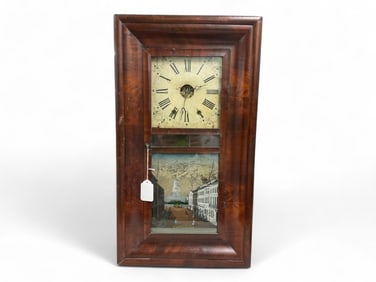 Chauncey Jerome Eight Day Mahogany OGee Clock w/ Reverse Painted Tablet** 30.5" H x 17" W