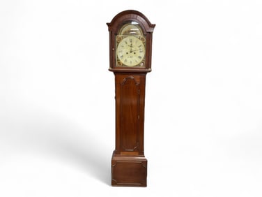 Mahogany Tall Case Clock w/ Quarter Columns and Metal Painted Face** 81" Tall