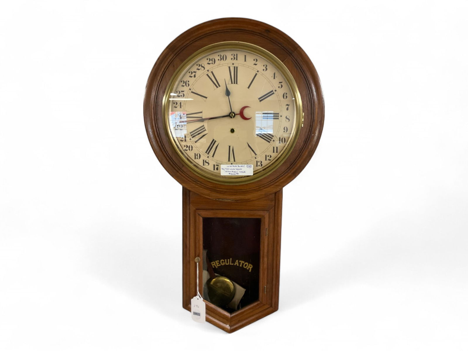 Waterbury Mahogany Long Drop Regulator Clock w/ Calendar Dial** 31" Tall: Waterbury Mahogany Long Drop Regulator Clock w/ Calendar Dial**Untested.** NO IN HOUSE SHIPPING31" Tall