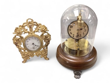 Lot of 2 Small Clocks New Haven with Ornate Brass Frame & Brass Clock Under Dome** Ornate clock 6" H