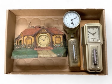 Lot of 3 Clocks Including Brass Honeywell Temperature Regulator**