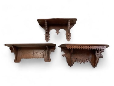 3 Wooden Clock Wall Shelves** Top shelf 14 1/2" W x 6" D left shelf 18" W x 5 1/2" D right shelf 19"