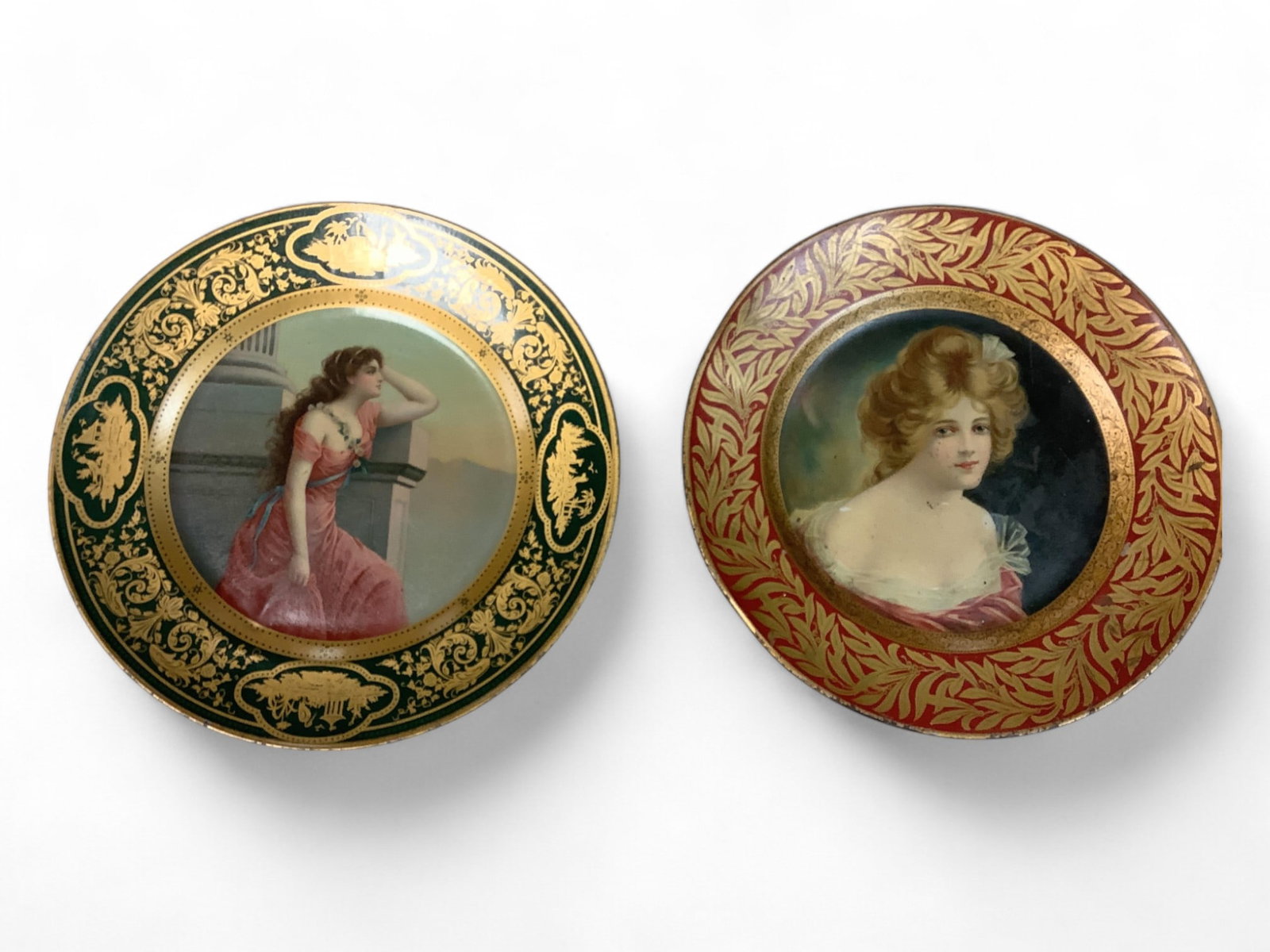 Tin Art Plates (2) Lovely Ladies 9.5" diameter: Tin Art Plates (2) Lovely Ladies 1. Dresden Art Plate No. 20 Lady 2. B. Geyer 1907 Lenore Meek Dreden Vienna Art Plates 9.5" diameter