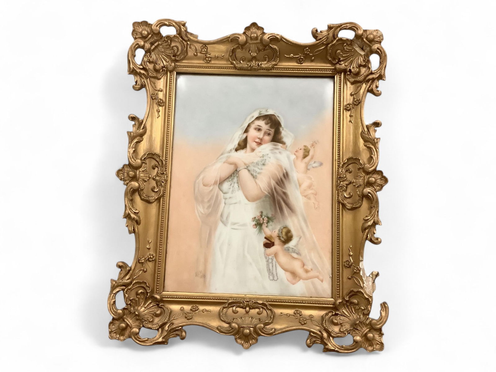 Porcelain Painting in Gold Frame Picture measures 7.5" x 10.5"; frame measures 12" x 14.5".: Porcelain Painting in Gold FrameIdentified with the initials MEH and the date 1895, this sweet picture has a gold frame and no cover.Picture measures 7.5" x 10.5"; frame measures 12" x 14.5".