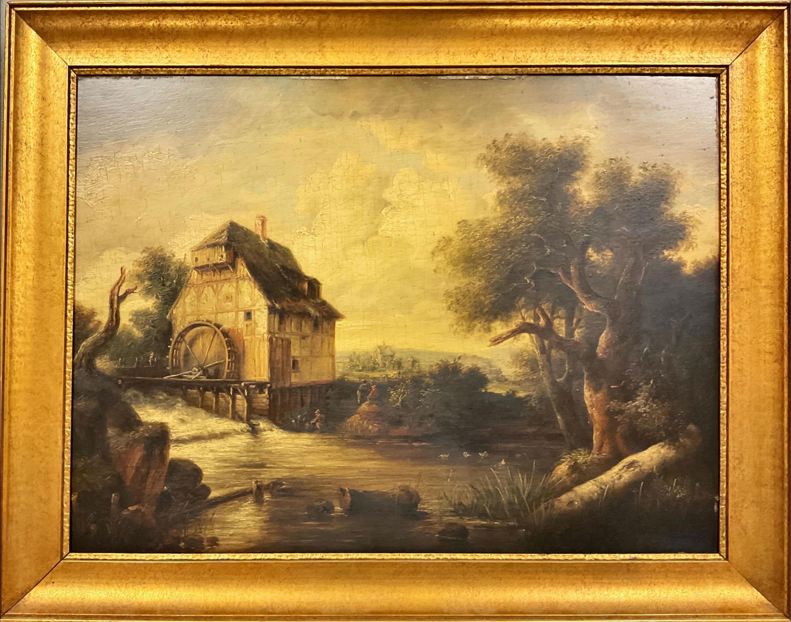 Antique Oil Painting of Landscape with Watermill, Possibly by Jacob van Ruisdael Measures 29.5" x: Antique Oil Painting of Landscape with Watermill, Possibly by Jacob van RuisdaelOriginal oil painting on panel and framed. There is no signature visible but may be hidden under old varnish in the bott