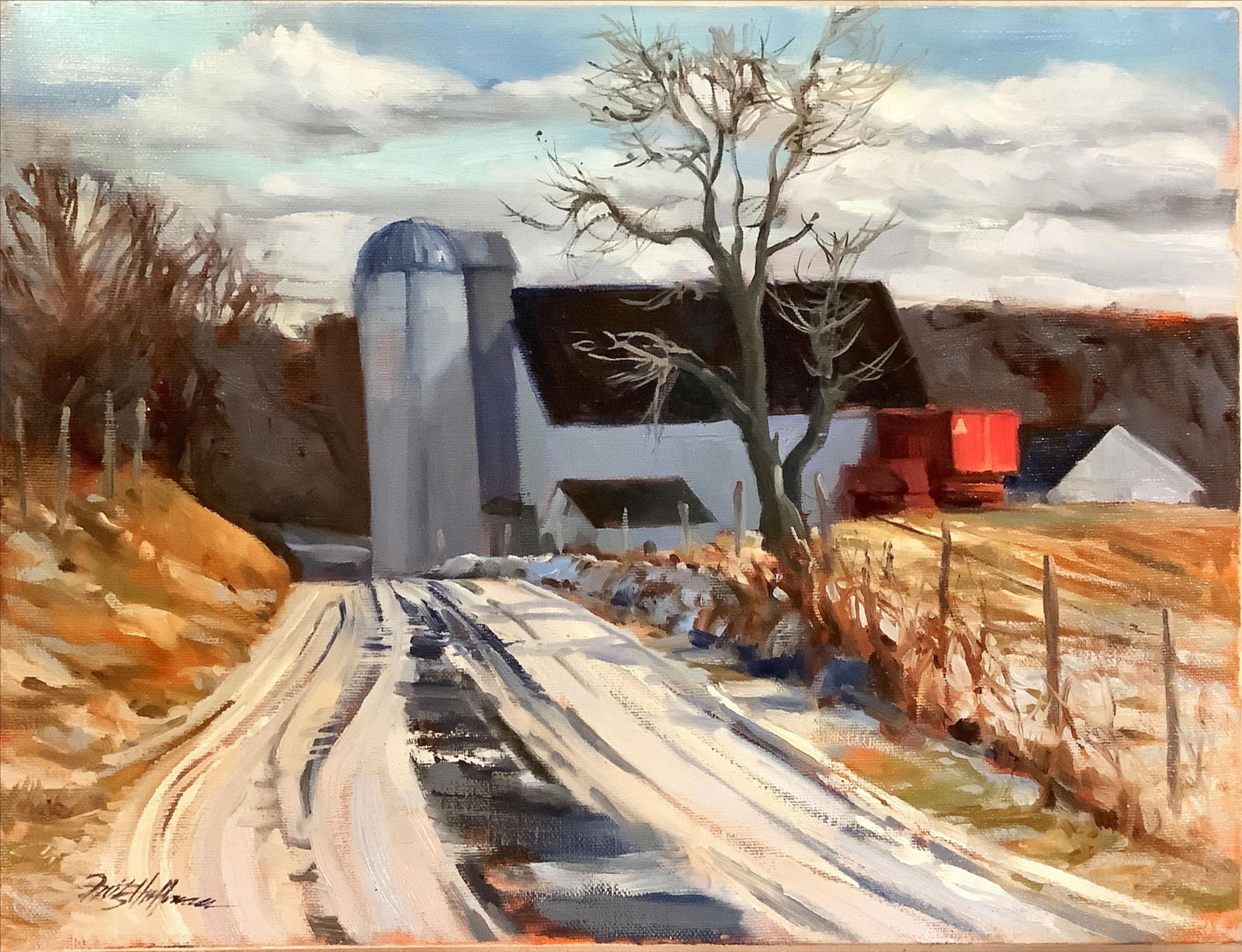 Fritz Hoffman Oil Painting "Winter Farm" Measures 12" x 16".: Fritz Hoffman Oil Painting "Winter Farm"Original signed oil painting (unframed) stretched canvas of a barn alongside the road.Fritz Hoffman was an Ohio artist who lived 1930-2008. He was a founding me