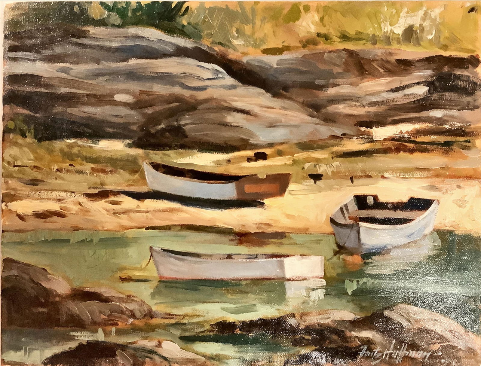 Fritz Hoffman Oil Painting "Rowboats" Measures 16" x 12".: Fritz Hoffman Oil Painting "Rowboats"Original signed oil painting (unframed) stretched canvas of three rowboats.Fritz Hoffman was an Ohio artist who lived 1930-2008. He was a founding member and past